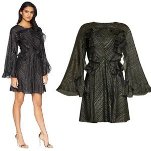 BCBGMAXAZRIA Black Ruffled Fit & Flare Mini Dress Metallic Lurex Stripe Sixe XXS